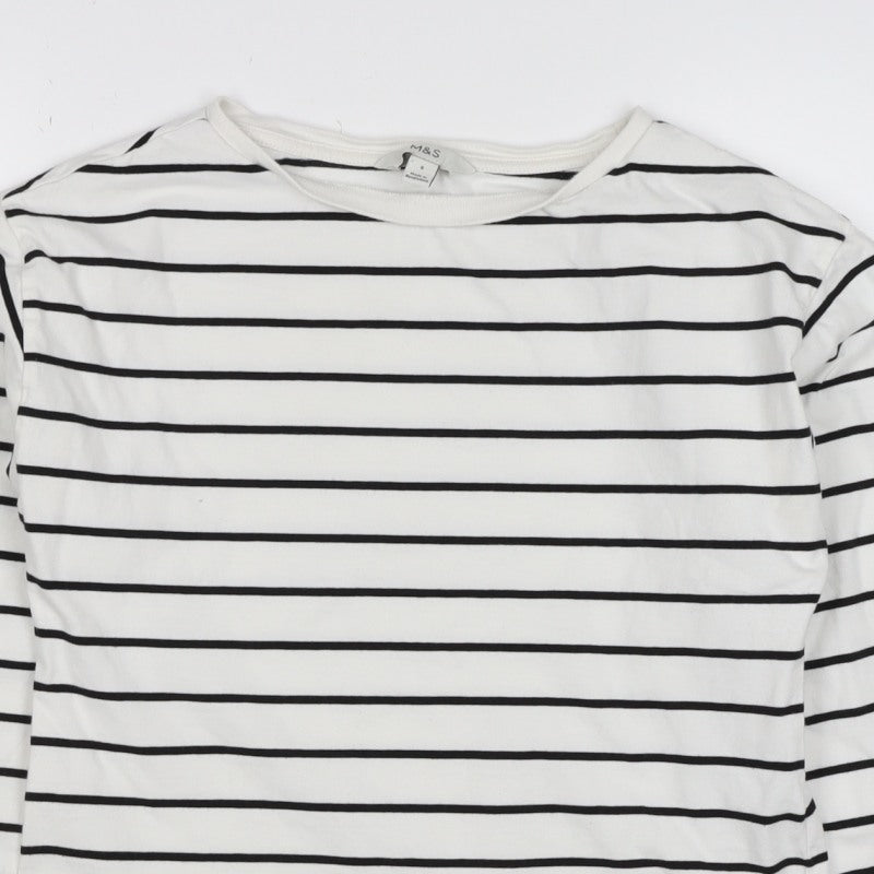 Marks & Spencer Women White Black Stripe Long Sleeve Basic T-Shirt UK 8