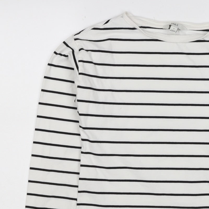 Marks & Spencer Women White Black Stripe Long Sleeve Basic T-Shirt UK 8