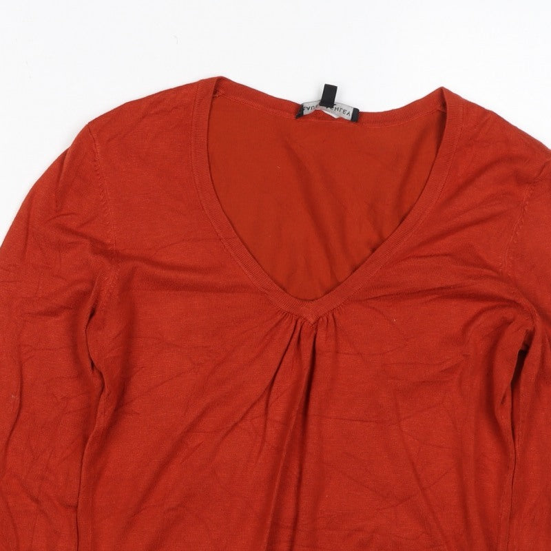 Laura Ashley Women Orange UK 14 V-Neck Long Sleeve Knit Jumper