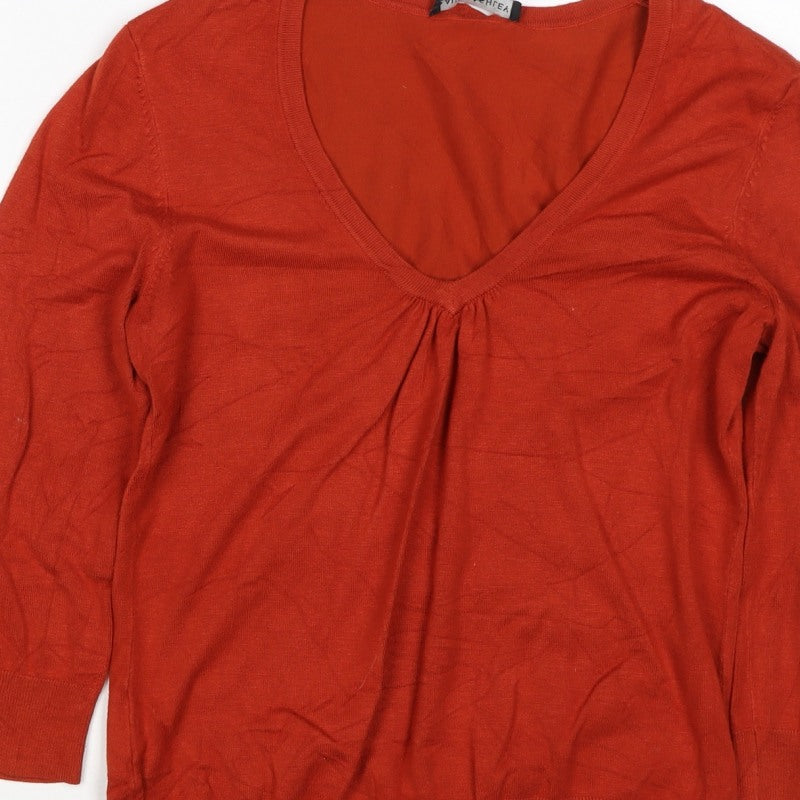 Laura Ashley Women Orange UK 14 V-Neck Long Sleeve Knit Jumper