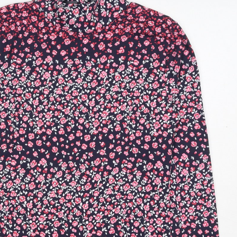 M&S Women Black Pink Floral High Neck Stretch Jersey Blouse Size 6