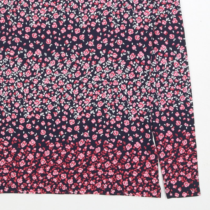 M&S Women Black Pink Floral High Neck Stretch Jersey Blouse Size 6