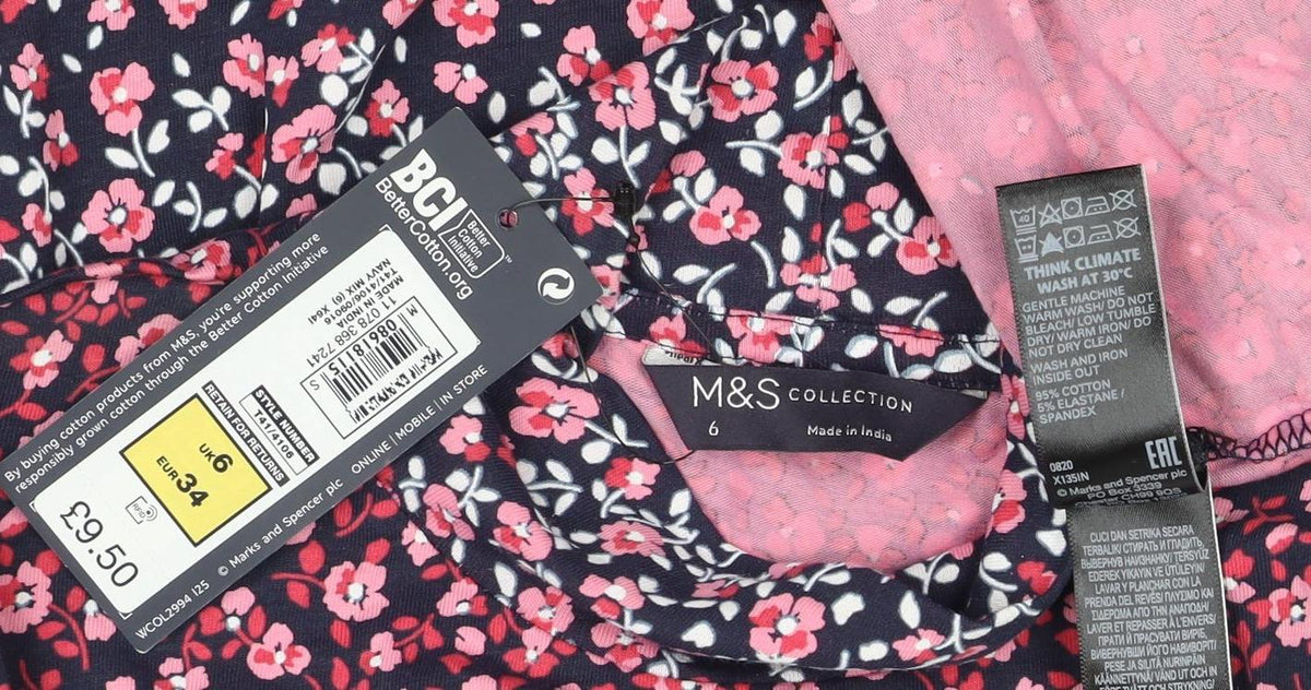 M&S Women Black Pink Floral High Neck Stretch Jersey Blouse Size 6