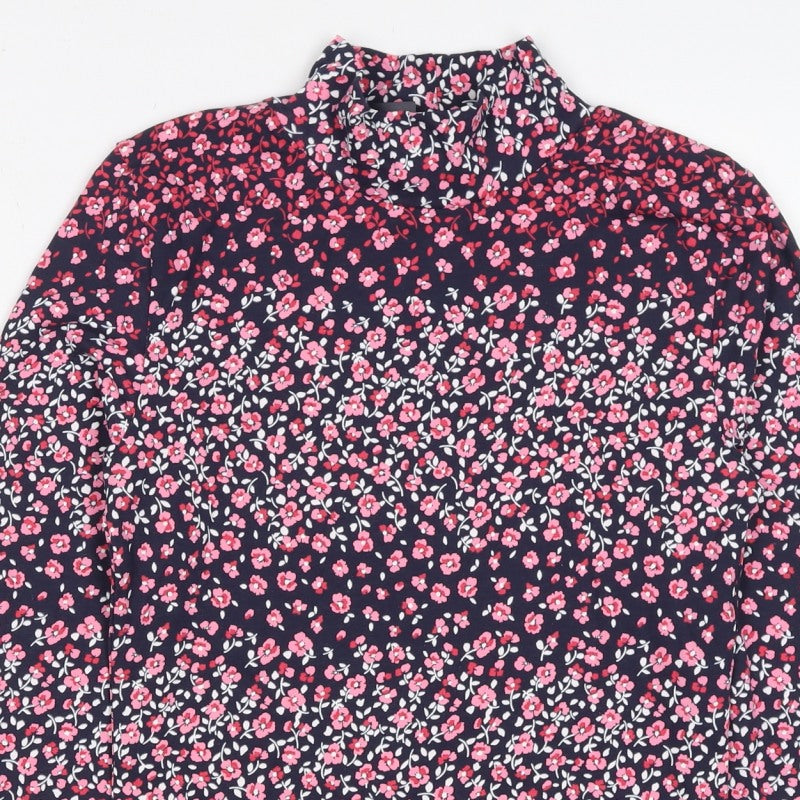 M&S Women Black Pink Floral High Neck Stretch Jersey Blouse Size 6