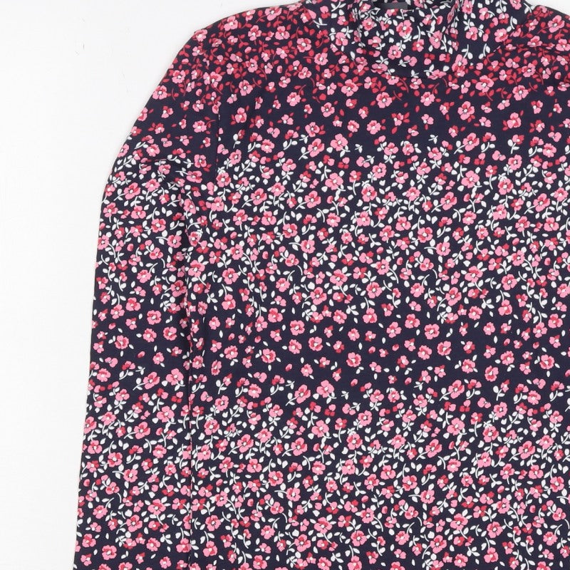 M&S Women Black Pink Floral High Neck Stretch Jersey Blouse Size 6