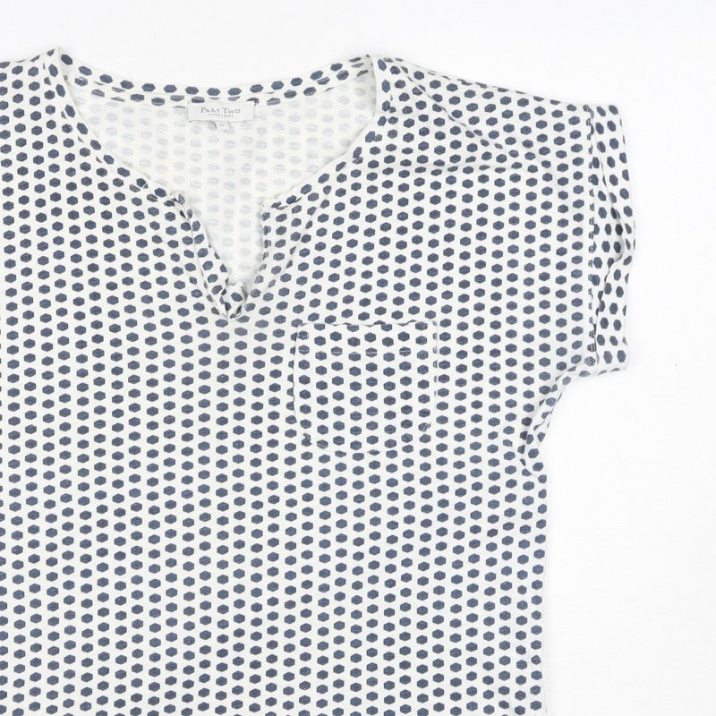 Part Two Women’s Blue White Geometric V-Neck Short Sleeve Blouse M