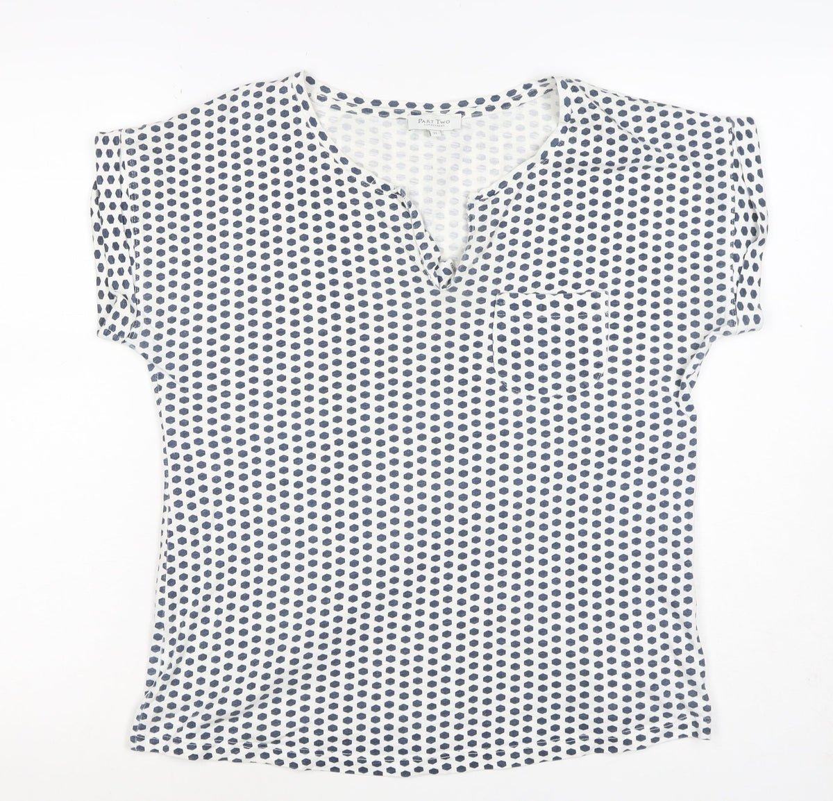 Part Two Women’s Blue White Geometric V-Neck Short Sleeve Blouse M