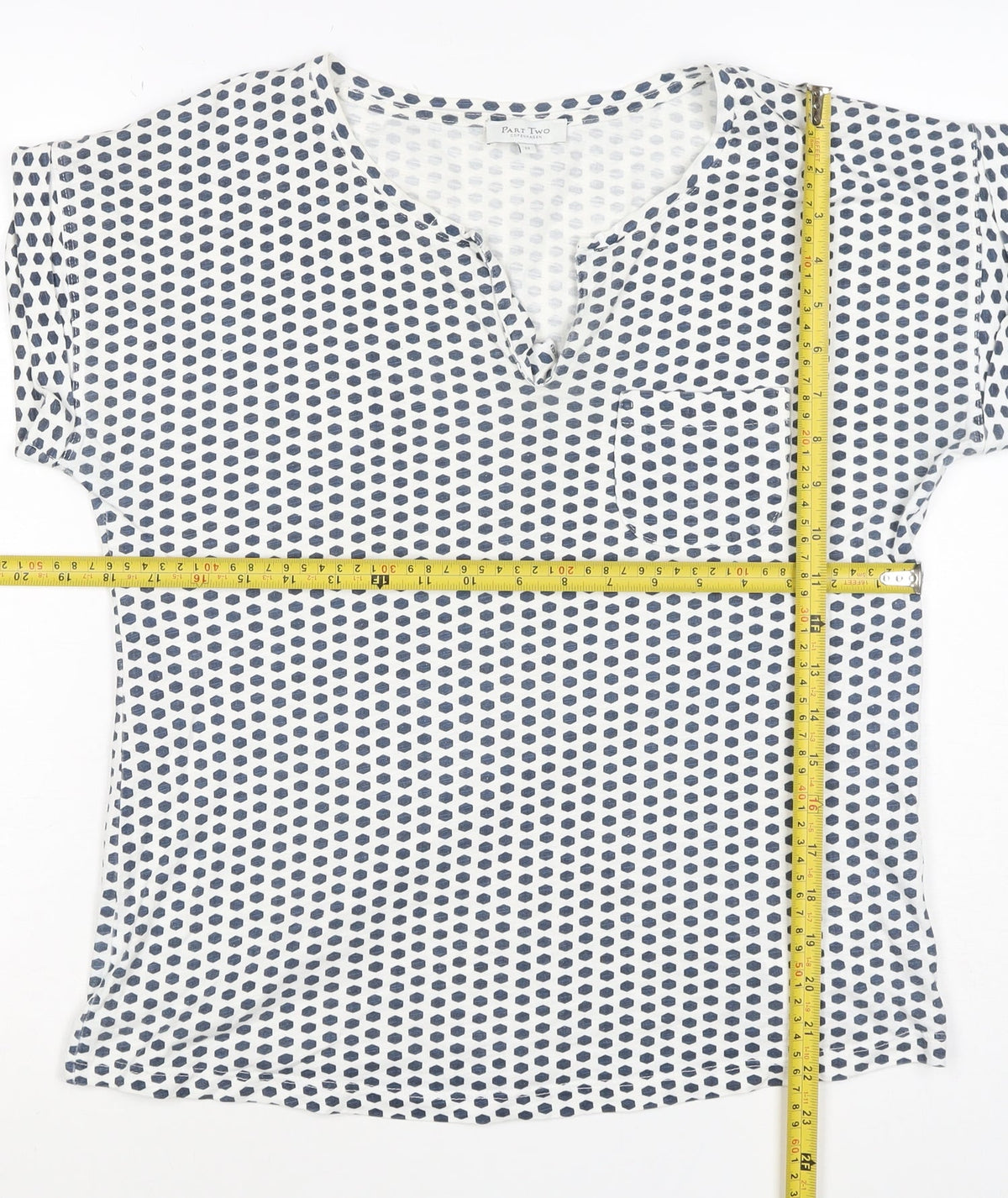 Part Two Women’s Blue White Geometric V-Neck Short Sleeve Blouse M