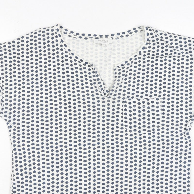 Part Two Women’s Blue White Geometric V-Neck Short Sleeve Blouse M