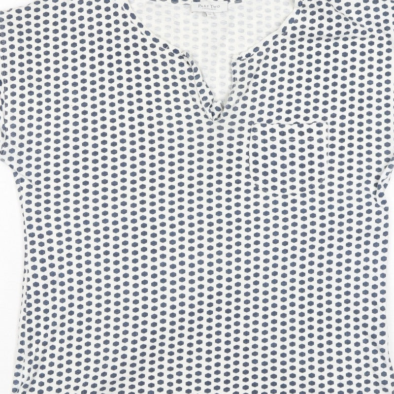Part Two Women’s Blue White Geometric V-Neck Short Sleeve Blouse M