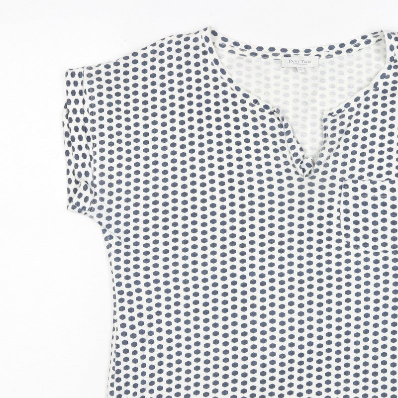 Part Two Women’s Blue White Geometric V-Neck Short Sleeve Blouse M