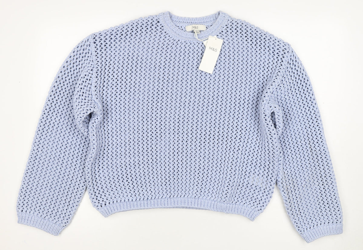 Marks and Spencer Women Blue M Open Knit Crew Neck Pullover Jumper
