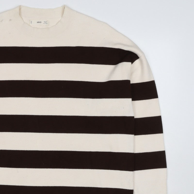 MNG Women’s Ivory Brown Striped Knit Crew Neck Jumper UK 12
