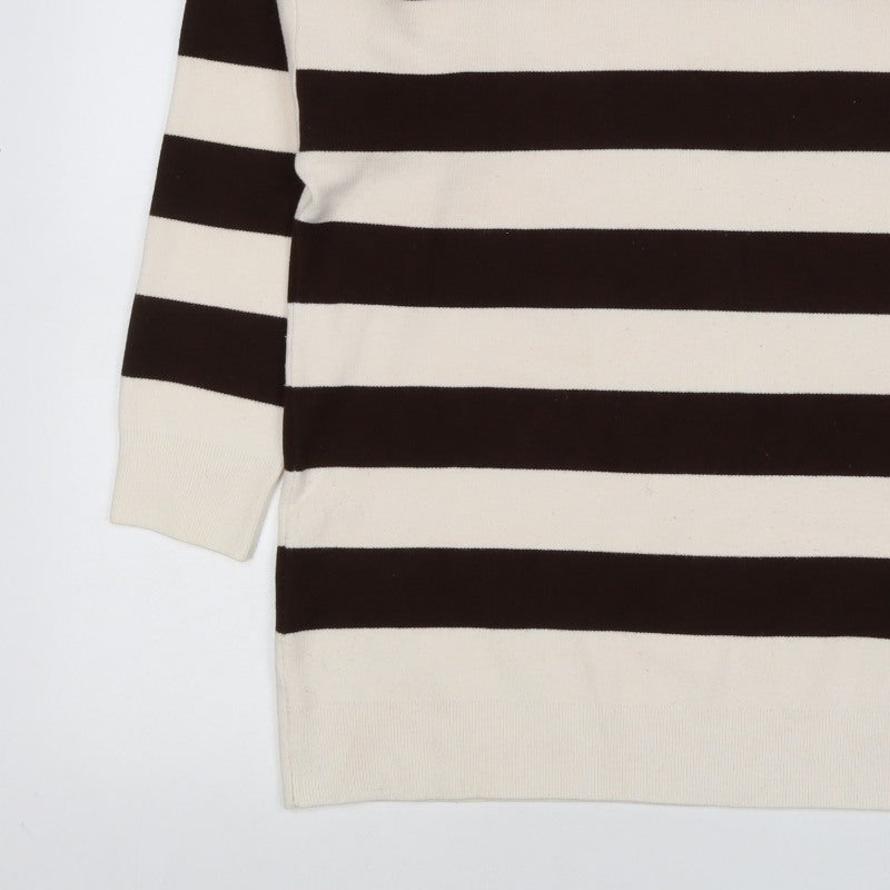 MNG Women’s Ivory Brown Striped Knit Crew Neck Jumper UK 12