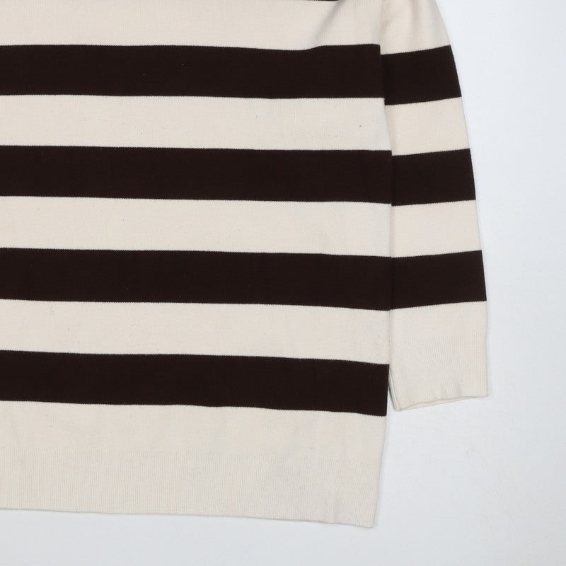 MNG Women’s Ivory Brown Striped Knit Crew Neck Jumper UK 12