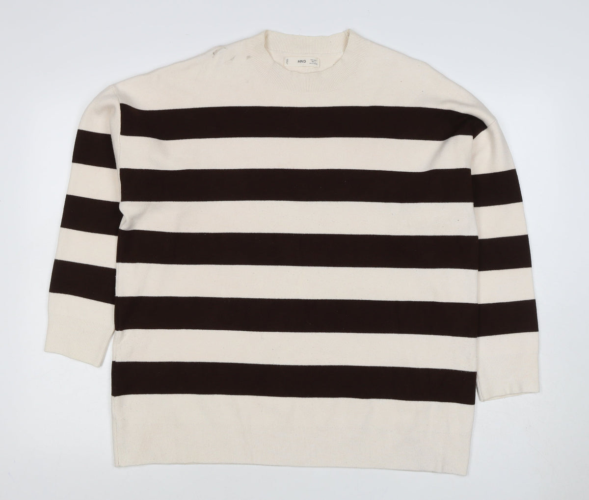 MNG Women’s Ivory Brown Striped Knit Crew Neck Jumper UK 12