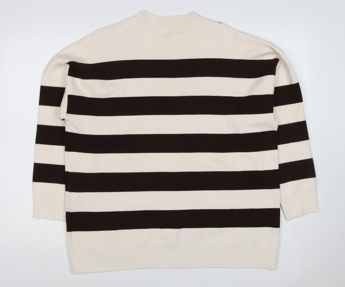 MNG Women’s Ivory Brown Striped Knit Crew Neck Jumper UK 12