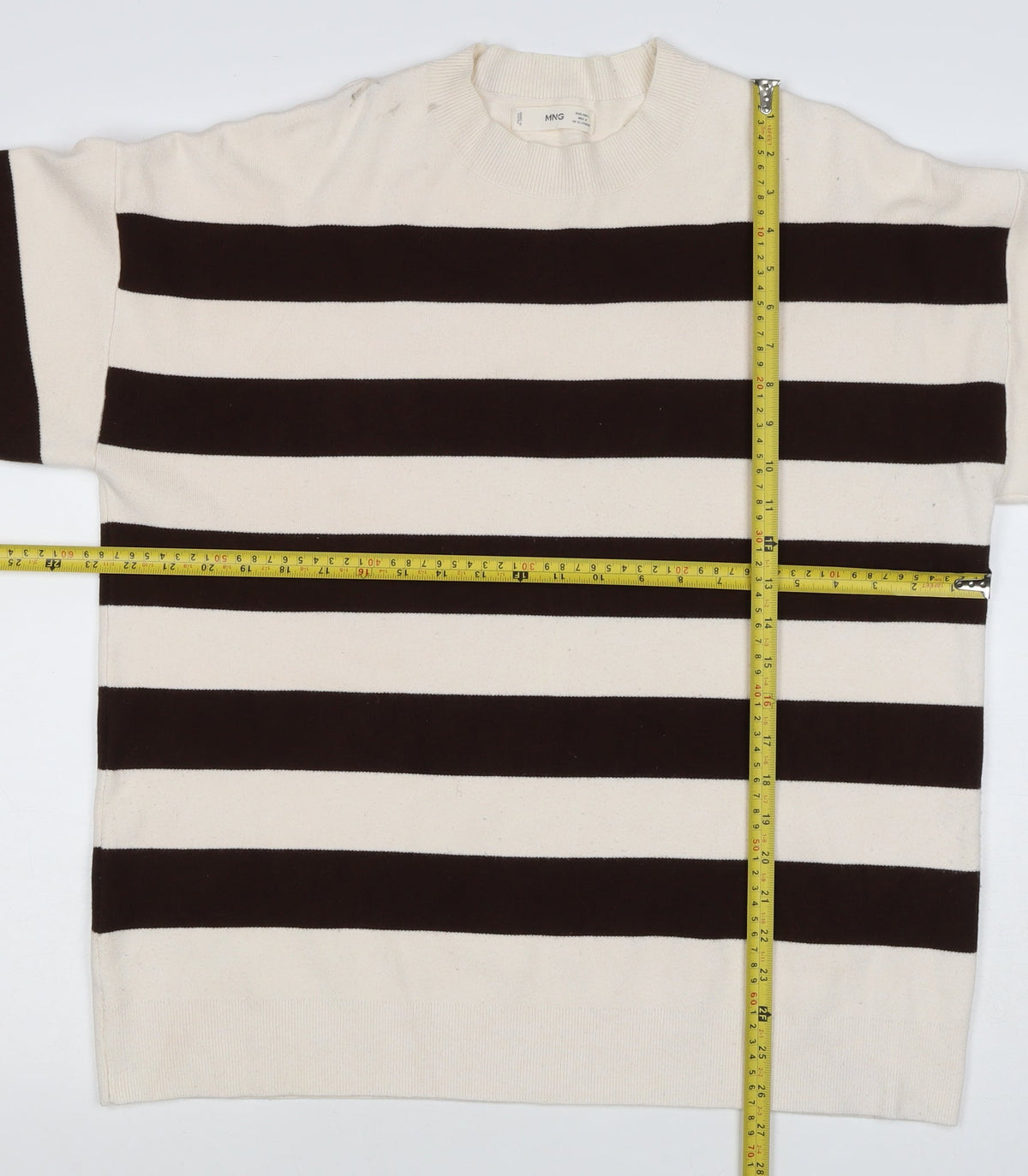 MNG Women’s Ivory Brown Striped Knit Crew Neck Jumper UK 12