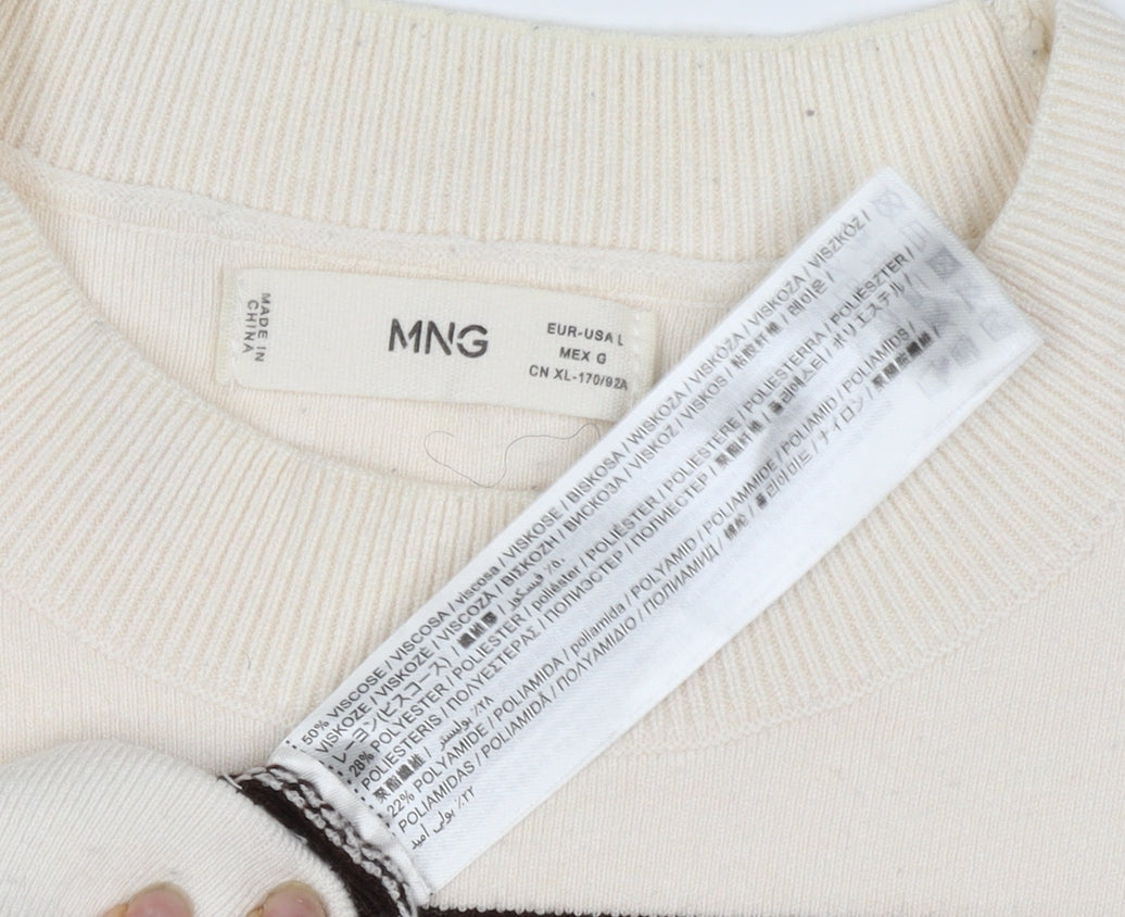 MNG Women’s Ivory Brown Striped Knit Crew Neck Jumper UK 12