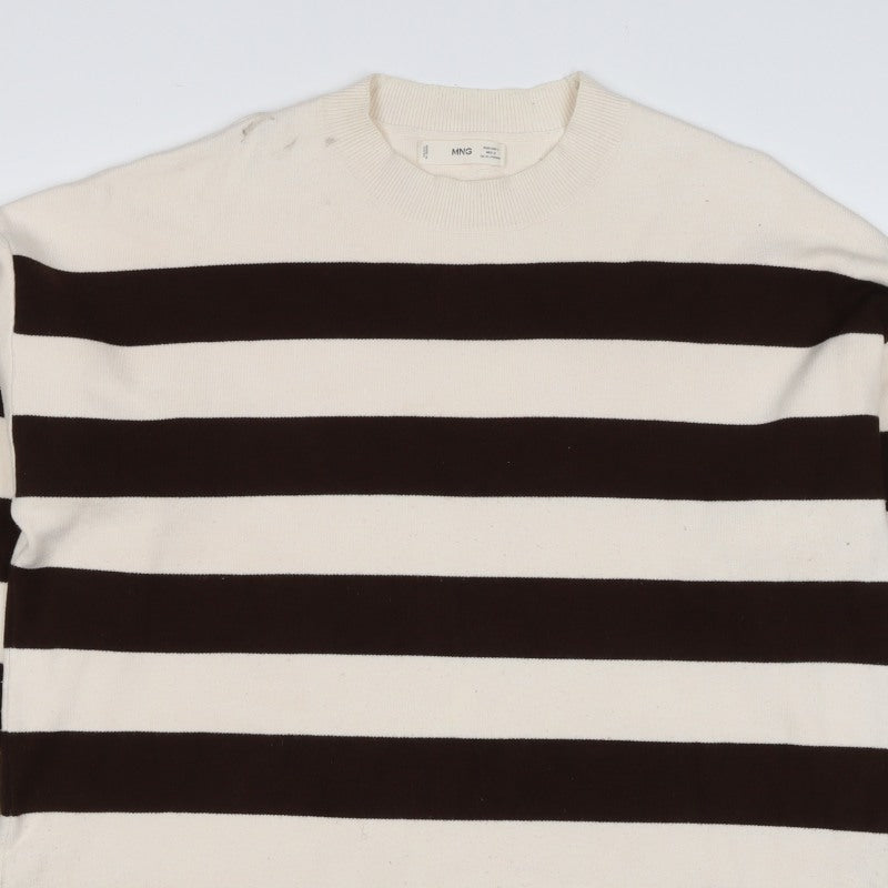 MNG Women’s Ivory Brown Striped Knit Crew Neck Jumper UK 12