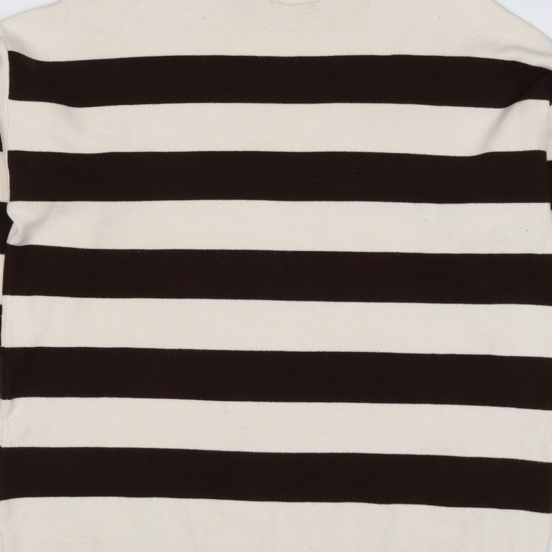 MNG Women’s Ivory Brown Striped Knit Crew Neck Jumper UK 12
