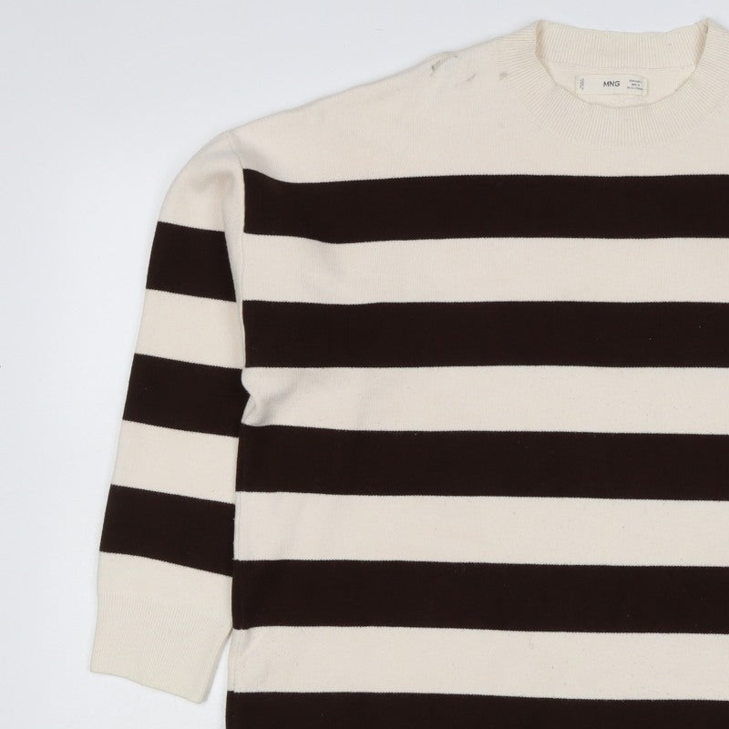 MNG Women’s Ivory Brown Striped Knit Crew Neck Jumper UK 12