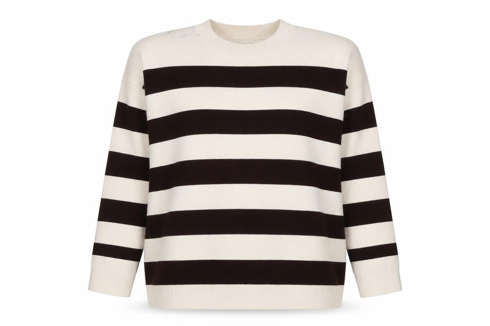 MNG Women’s Ivory Brown Striped Knit Crew Neck Jumper UK 12