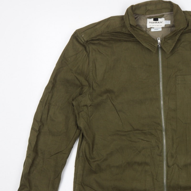 Topman Men's Green L Basic Jacket Embroidered Floral Cotton Zip Overshirt