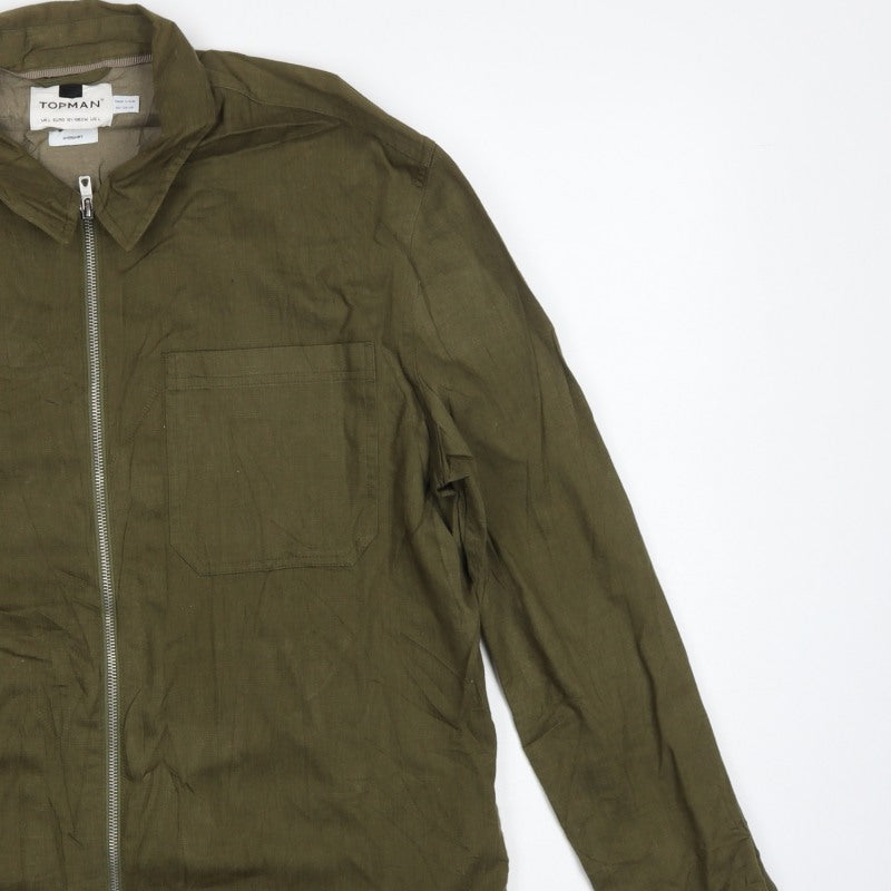 Topman Men's Green L Basic Jacket Embroidered Floral Cotton Zip Overshirt