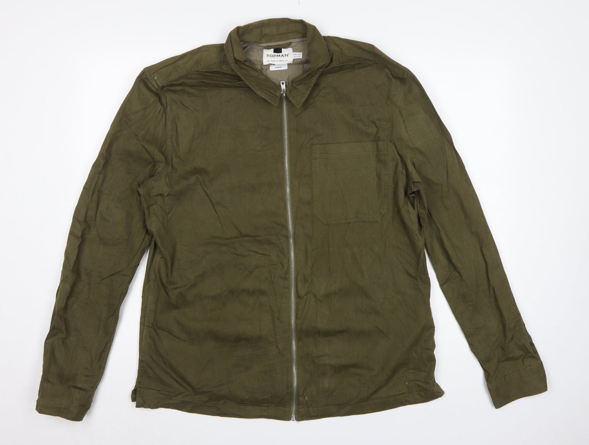Topman Men's Green L Basic Jacket Embroidered Floral Cotton Zip Overshirt
