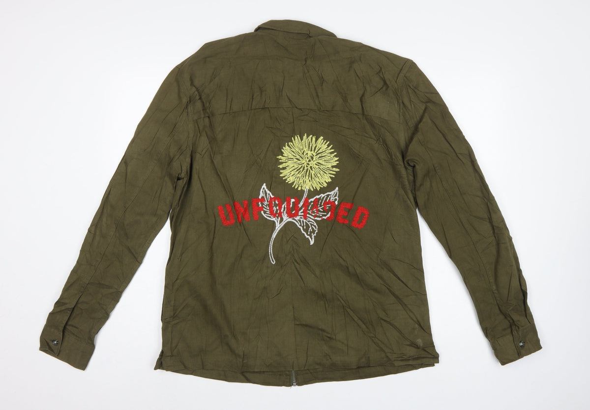 Topman Men's Green L Basic Jacket Embroidered Floral Cotton Zip Overshirt