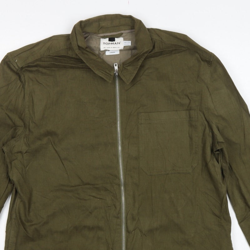 Topman Men's Green L Basic Jacket Embroidered Floral Cotton Zip Overshirt