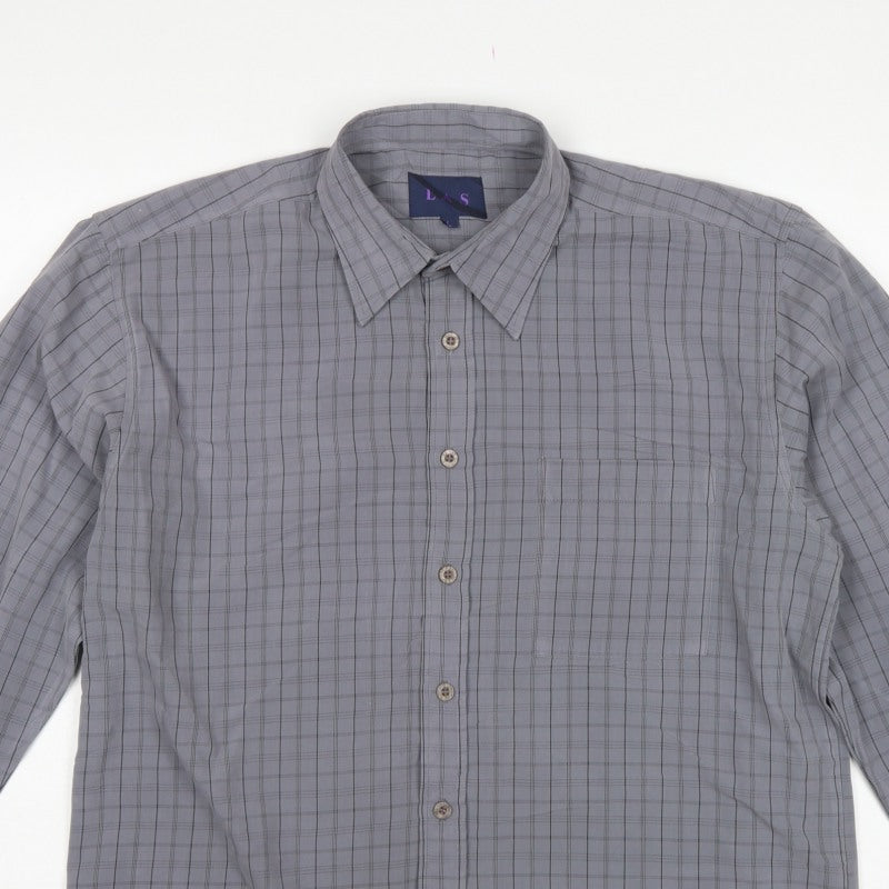 LAS Men’s Grey Check L Long Sleeve Button-Up Casual Shirt