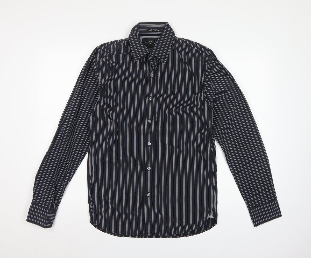 American Eagle Men’s Black Stripe Cotton Shirt XS Classic Long Sleeve