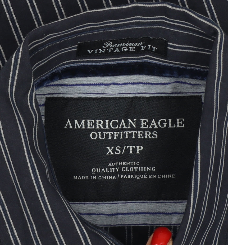 American Eagle Men’s Black Stripe Cotton Shirt XS Classic Long Sleeve