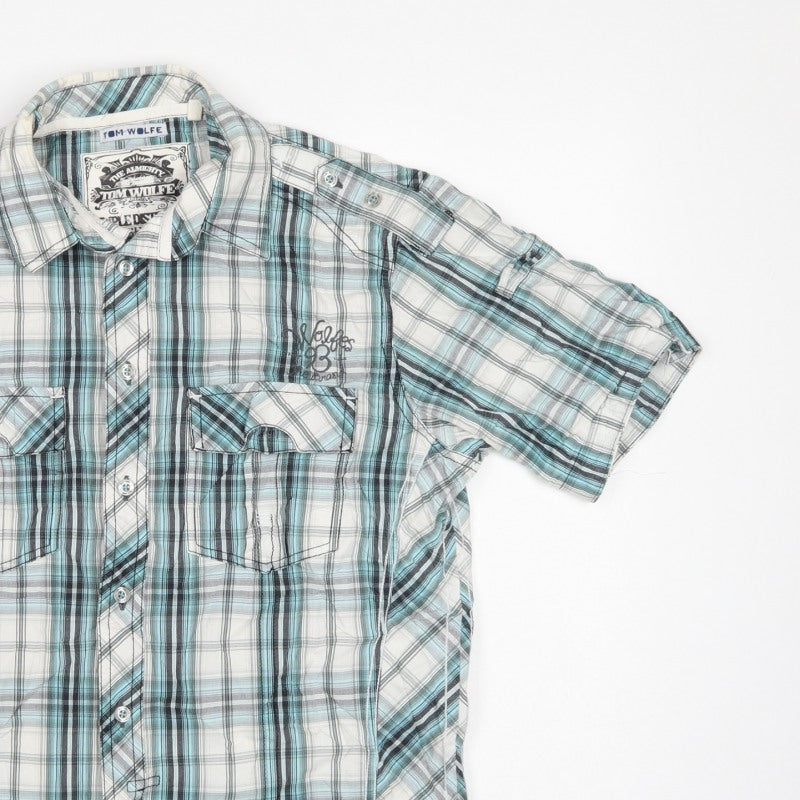 Tom Wolfe Men Blue L Plaid Short Sleeve Button-Up Graphic Shirt