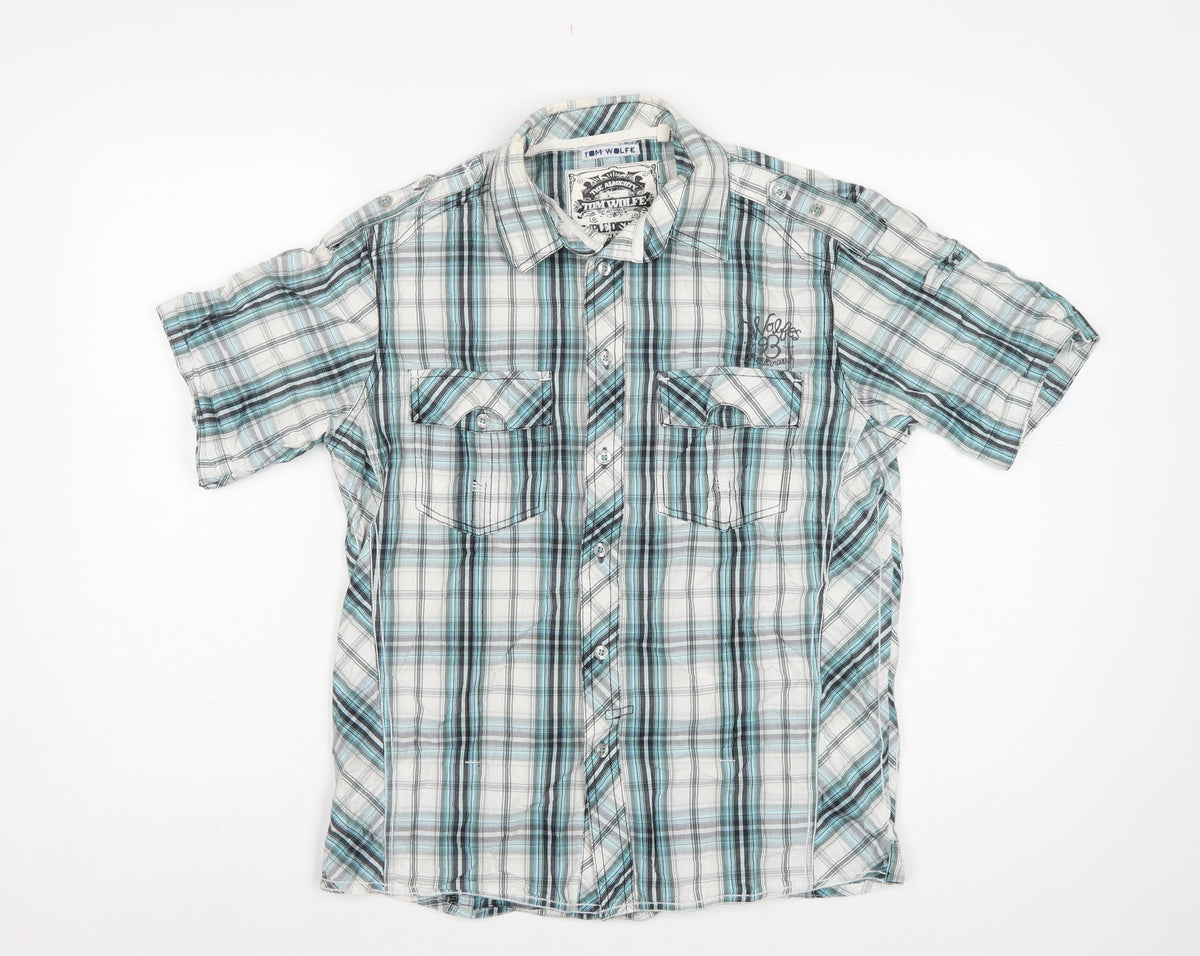 Tom Wolfe Men Blue L Plaid Short Sleeve Button-Up Graphic Shirt