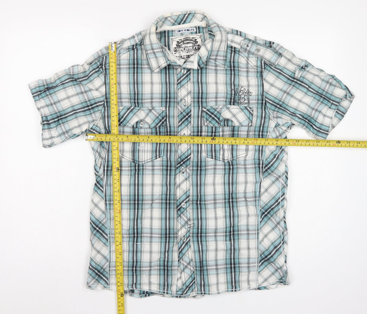 Tom Wolfe Men Blue L Plaid Short Sleeve Button-Up Graphic Shirt
