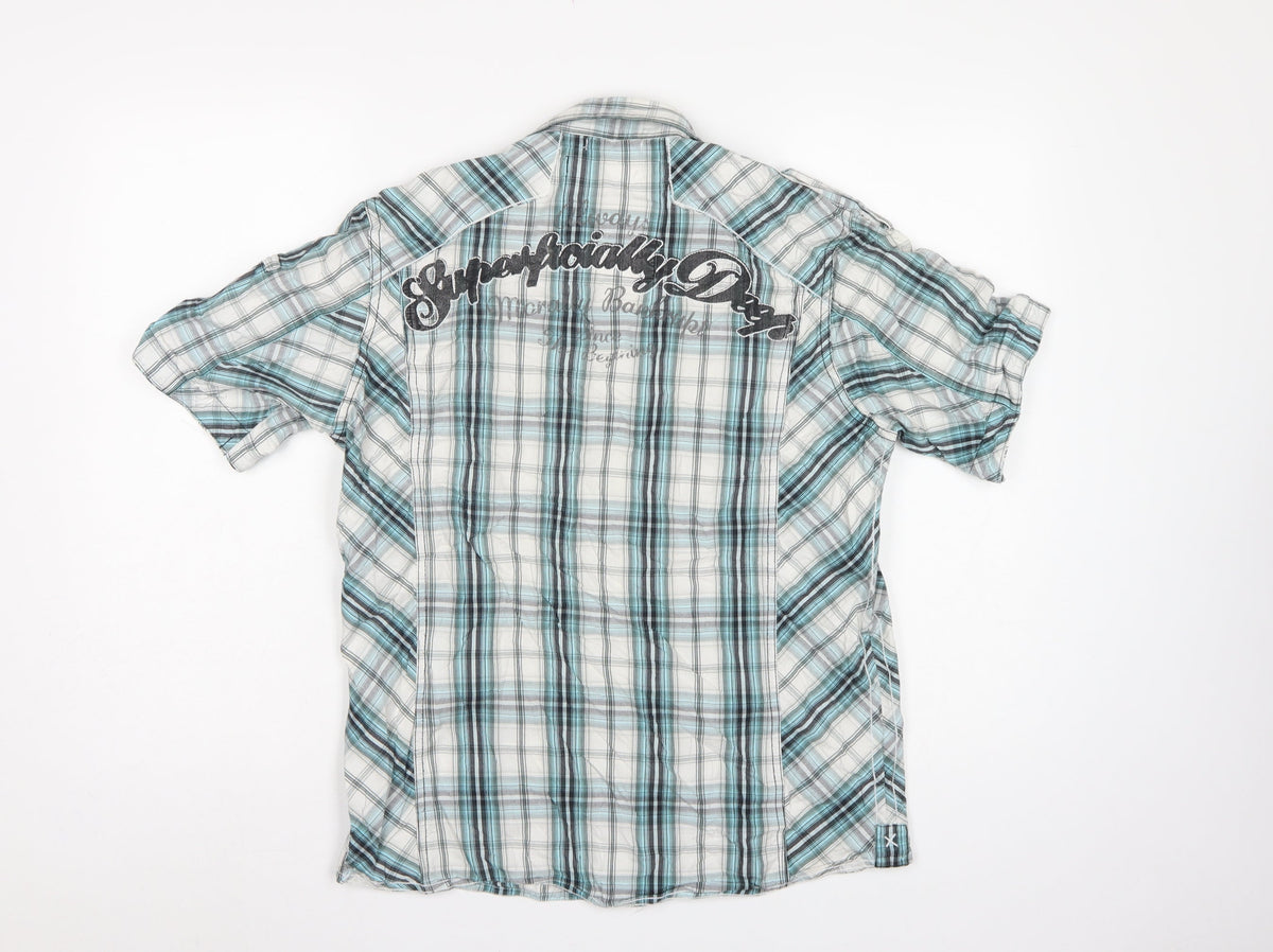 Tom Wolfe Men Blue L Plaid Short Sleeve Button-Up Graphic Shirt