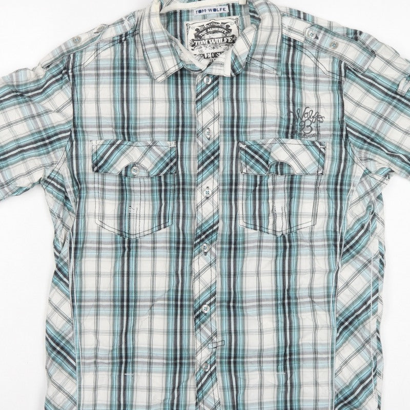 Tom Wolfe Men Blue L Plaid Short Sleeve Button-Up Graphic Shirt