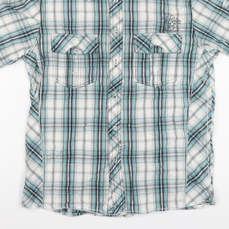 Tom Wolfe Men Blue L Plaid Short Sleeve Button-Up Graphic Shirt
