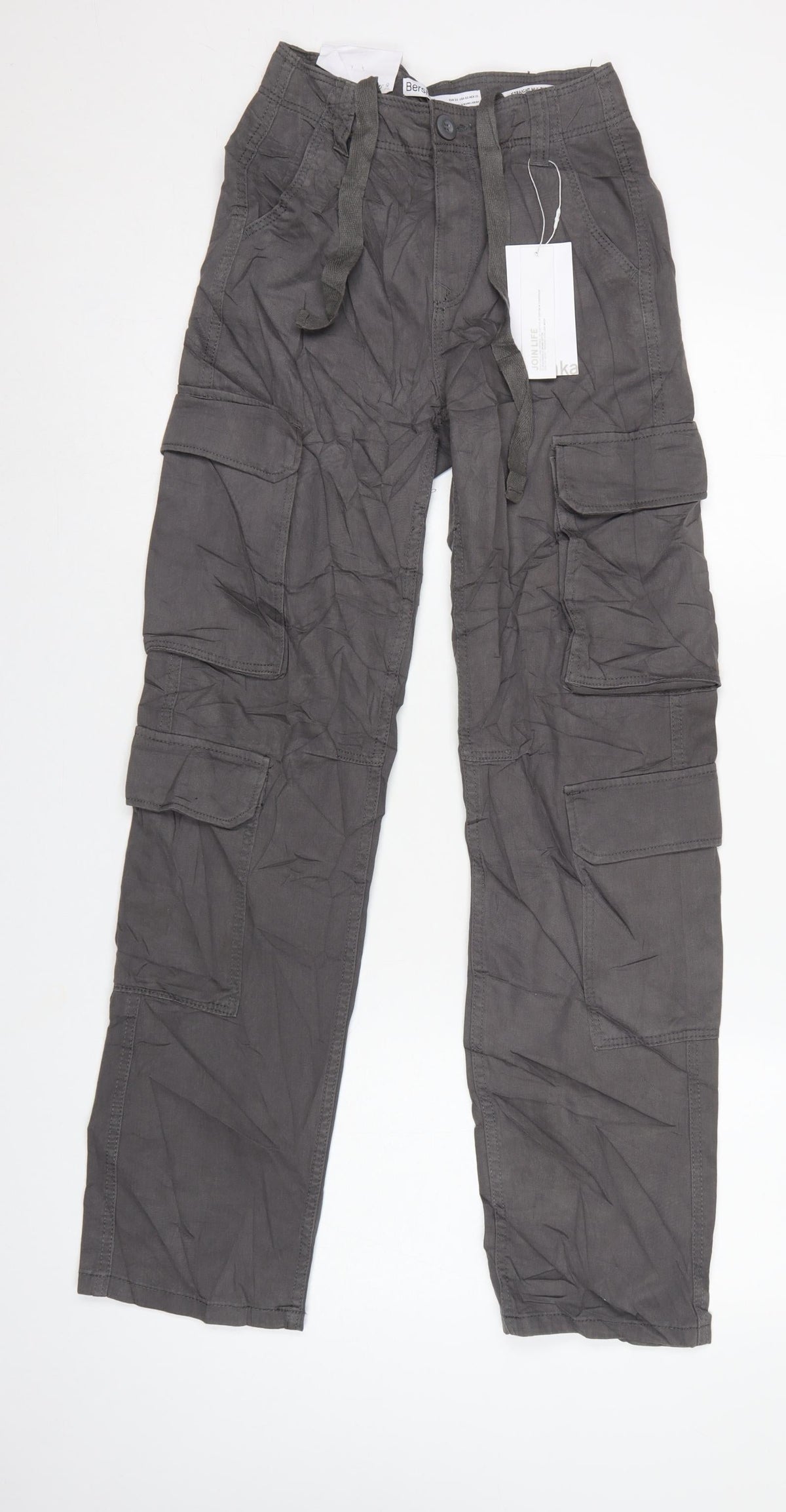 Bershka Women’s Grey UK 4 Cotton Cargo Trousers Drawstring Pockets