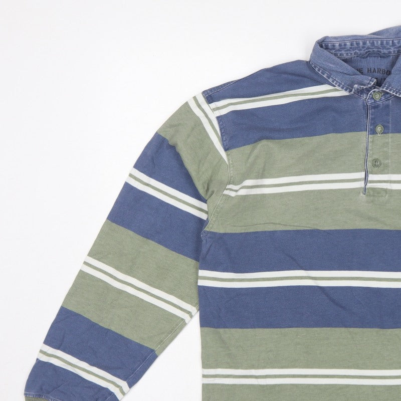 Marks & Spencer Men Blue Green Striped Long Sleeve Polo Shirt S