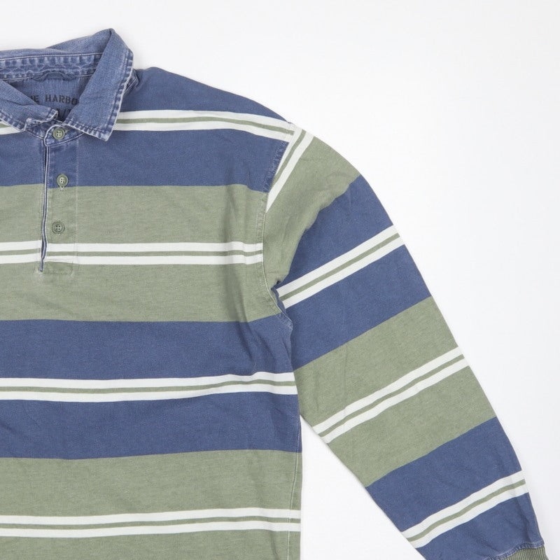 Marks & Spencer Men Blue Green Striped Long Sleeve Polo Shirt S