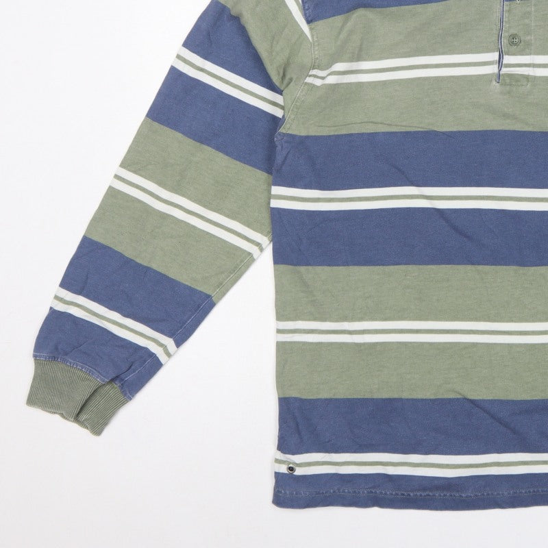 Marks & Spencer Men Blue Green Striped Long Sleeve Polo Shirt S