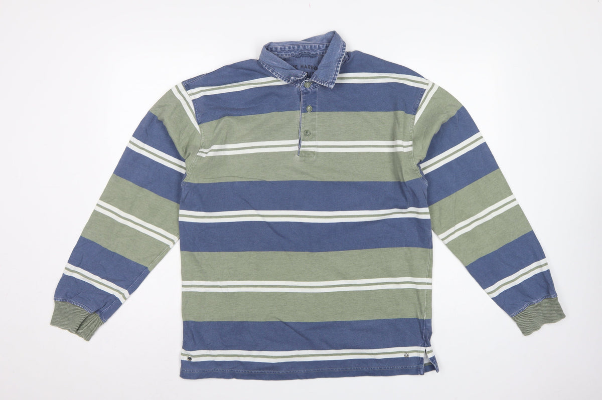 Marks & Spencer Men Blue Green Striped Long Sleeve Polo Shirt S