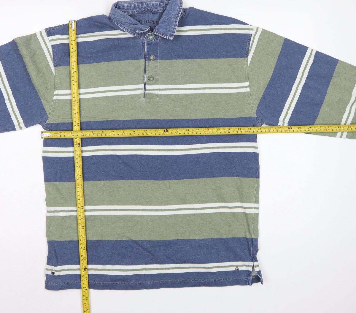 Marks & Spencer Men Blue Green Striped Long Sleeve Polo Shirt S