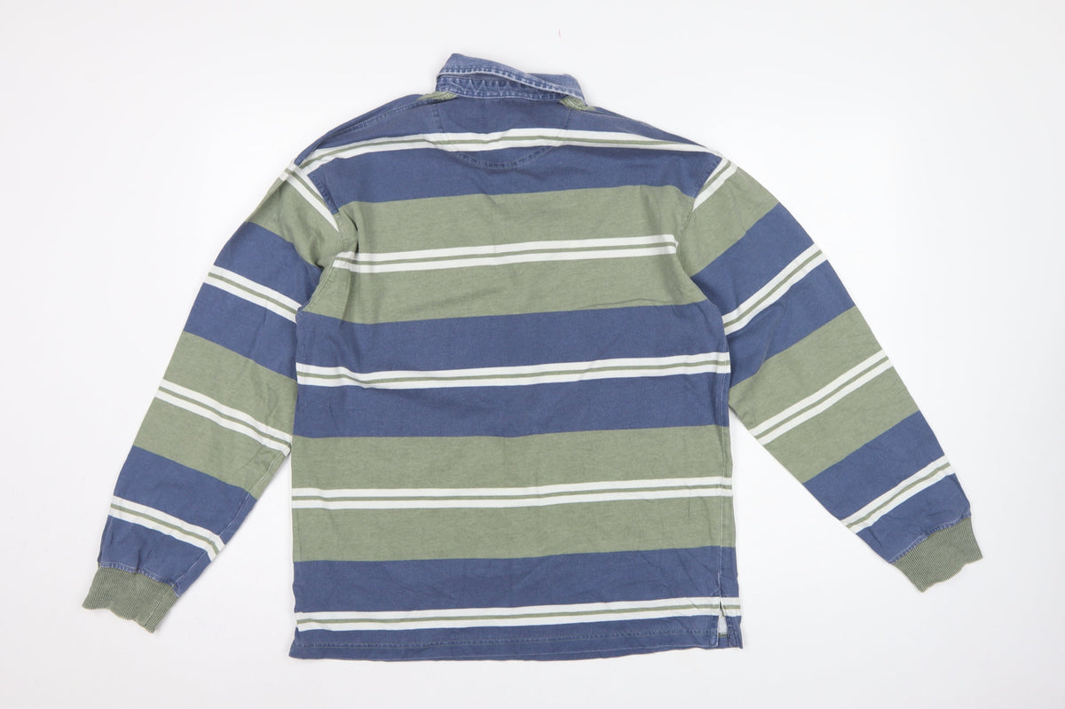 Marks & Spencer Men Blue Green Striped Long Sleeve Polo Shirt S