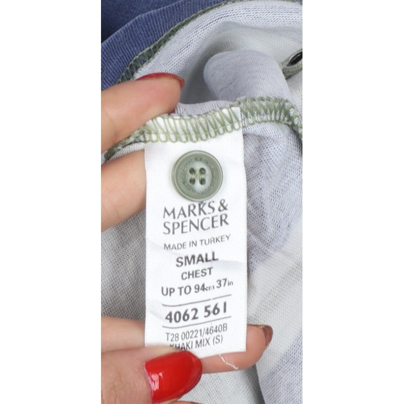 Marks & Spencer Men Blue Green Striped Long Sleeve Polo Shirt S
