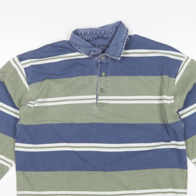Marks & Spencer Men Blue Green Striped Long Sleeve Polo Shirt S